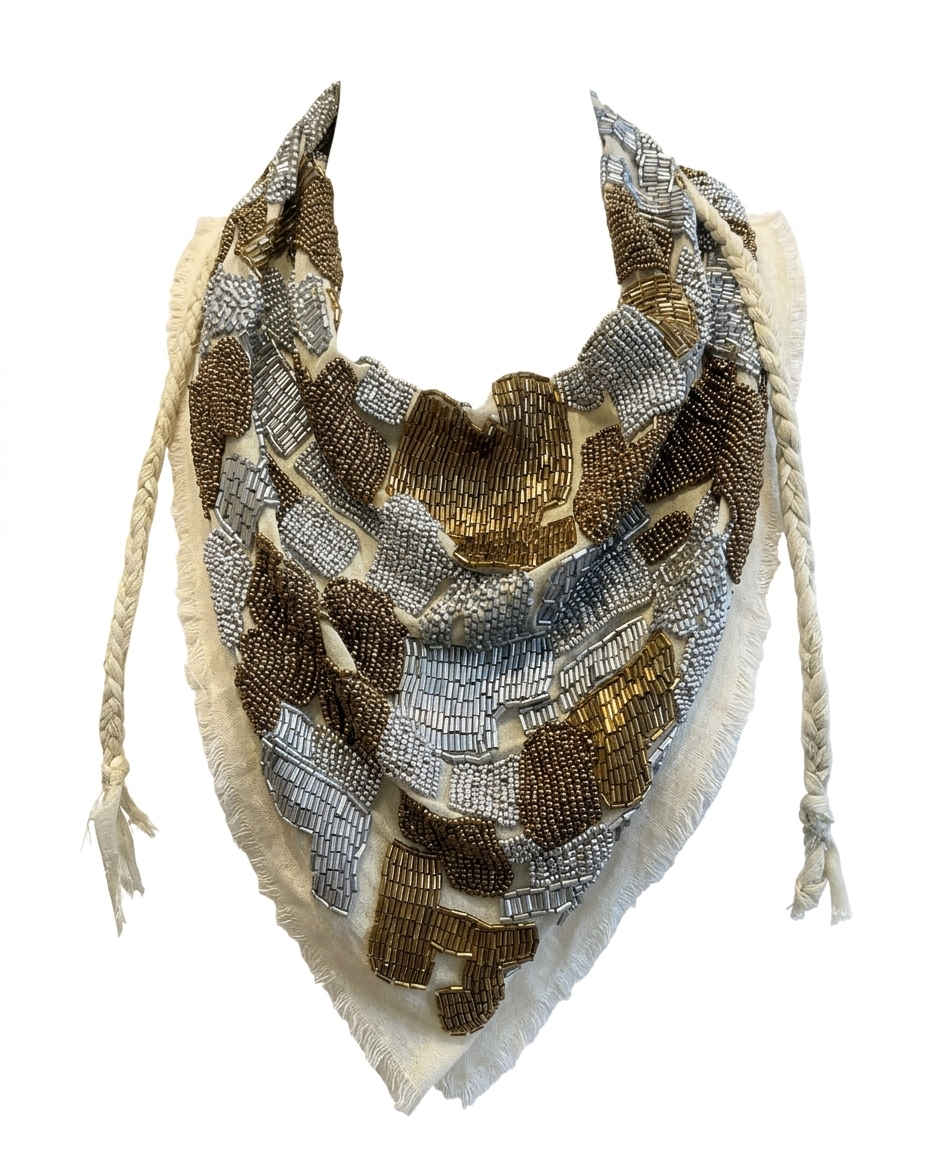 Banu bandana – hand-beaded bronze and silver, front view