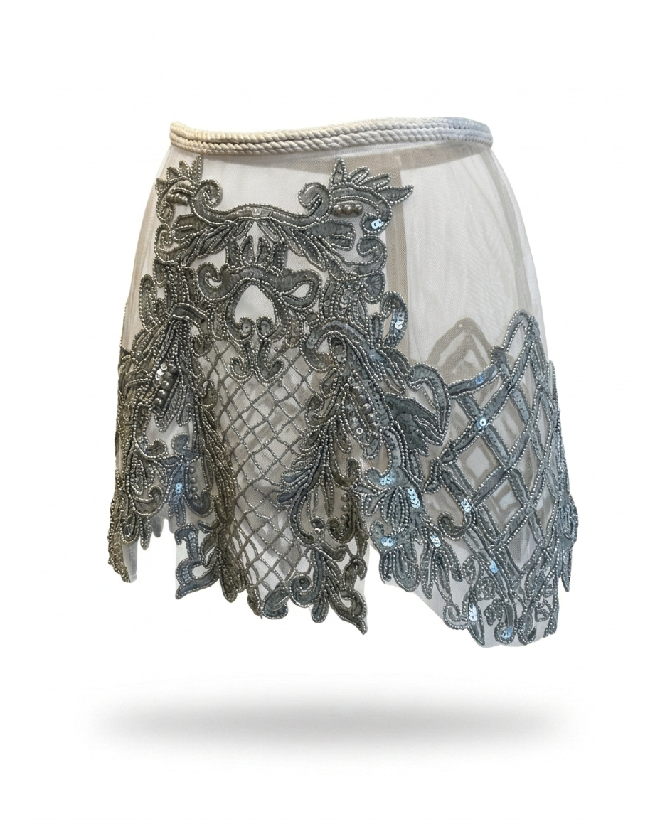 Yasmine short skirt – sheer beaded tulle mini skirt, angled view